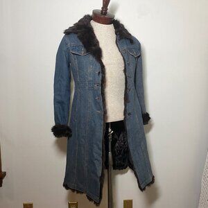 Moda Mojo Denim‎ Jacket Blue Rabbit Fur Trim Quilted Lining Longline Fits Sz S
